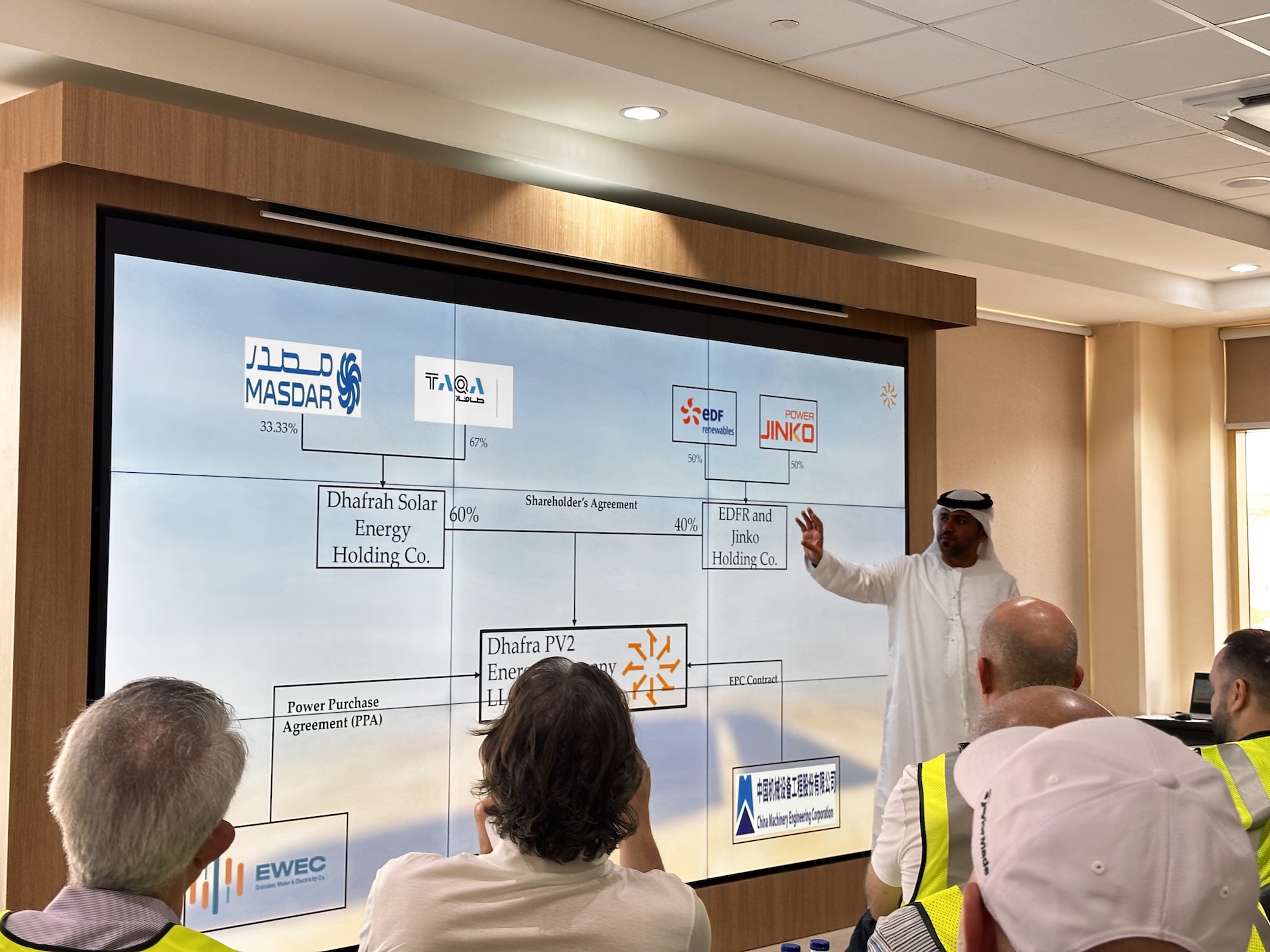 Exposition booth during a site visit presentation showcasing the Al Dhafrah solar project, focused on project financing and regional energy development.